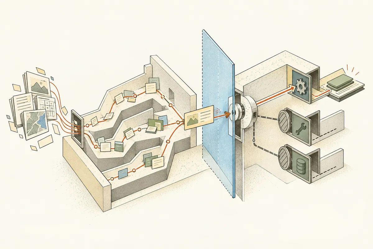 An illustration of retrieved evidence and a proposed action stopping at an authorization boundary.