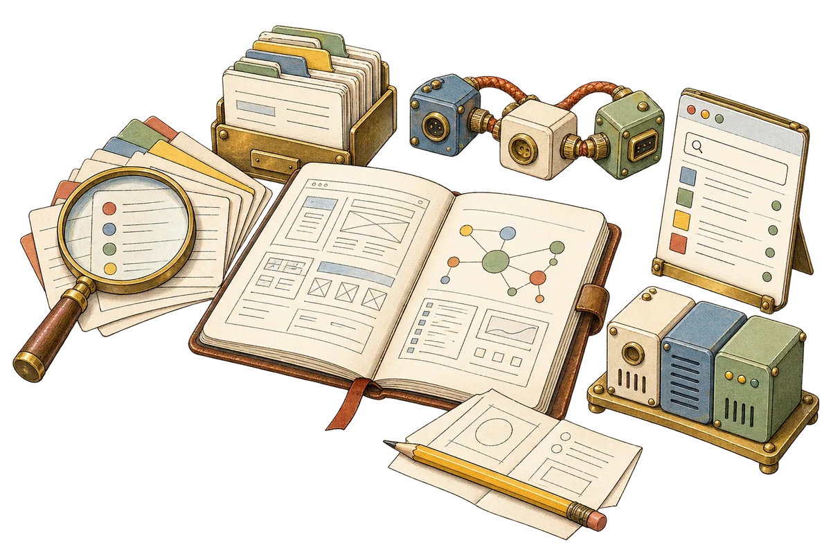 An engineering workbench with investigation records, data cards, application sketches, and connected service modules.