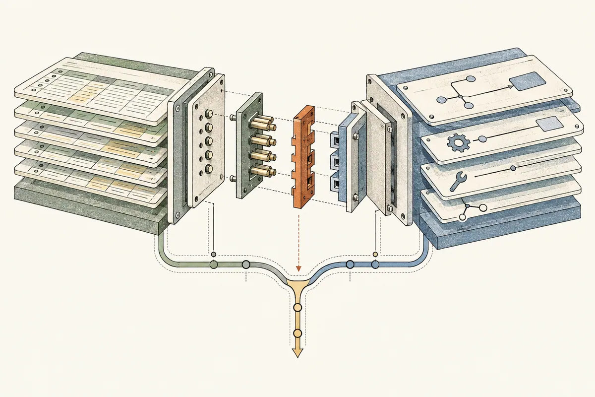 An illustration of an adapter joining different data interfaces, with an upstream change path.