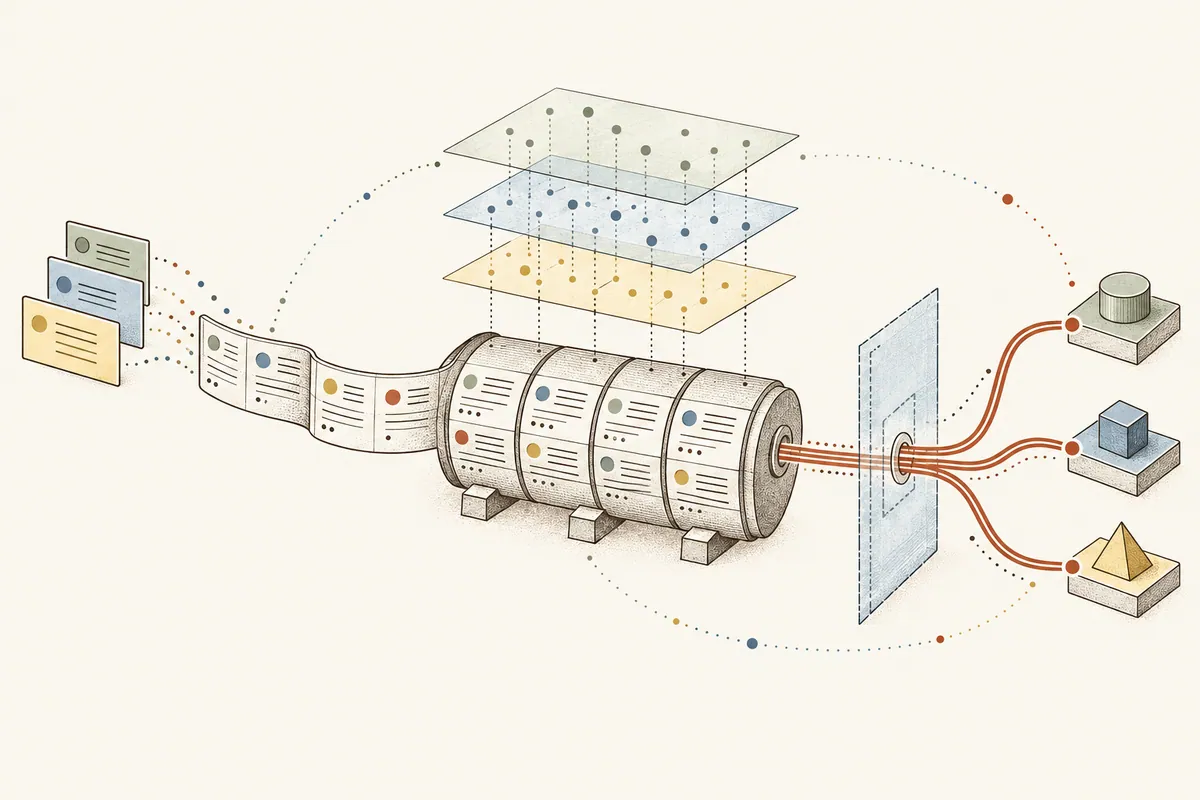 A technical illustration connecting product requirements, event records, search indexes, and controlled tool execution.